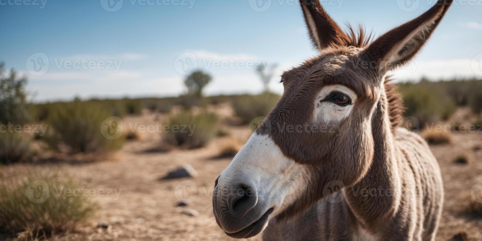 Donkey with a funny face on the background of blue sky. photo