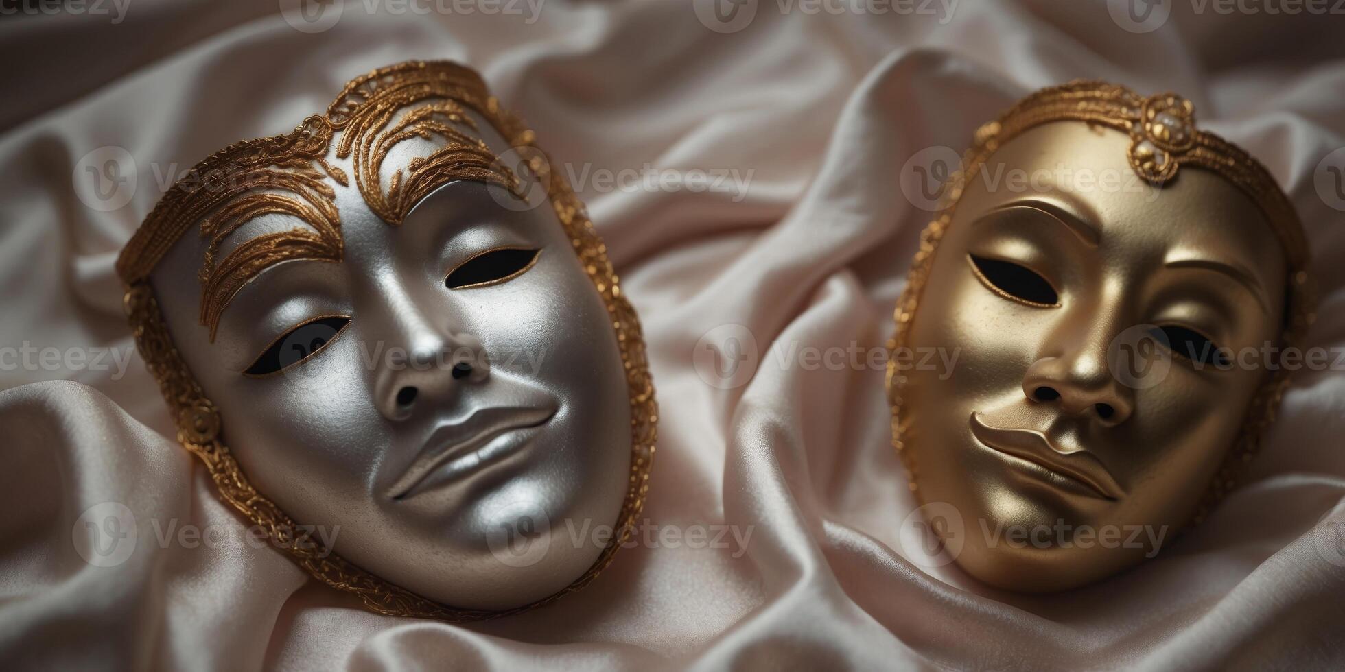 Two light theatrical actor's masks depicting different emotions lie on satin silk. photo