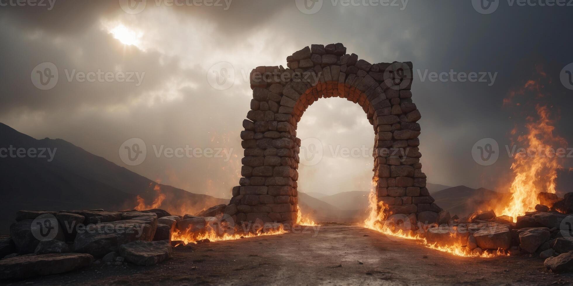 Burning ancient stone archway in apocalyptic landscape. photo