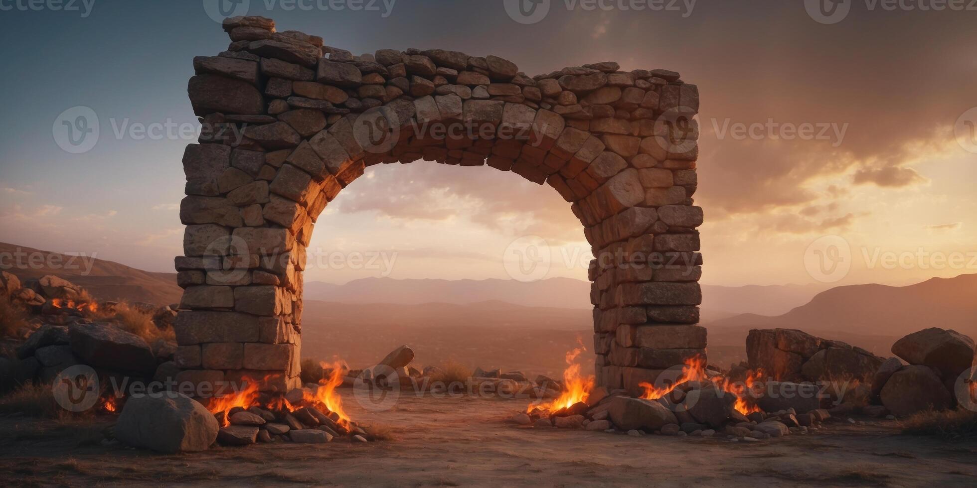 Burning ancient stone archway in apocalyptic landscape. photo