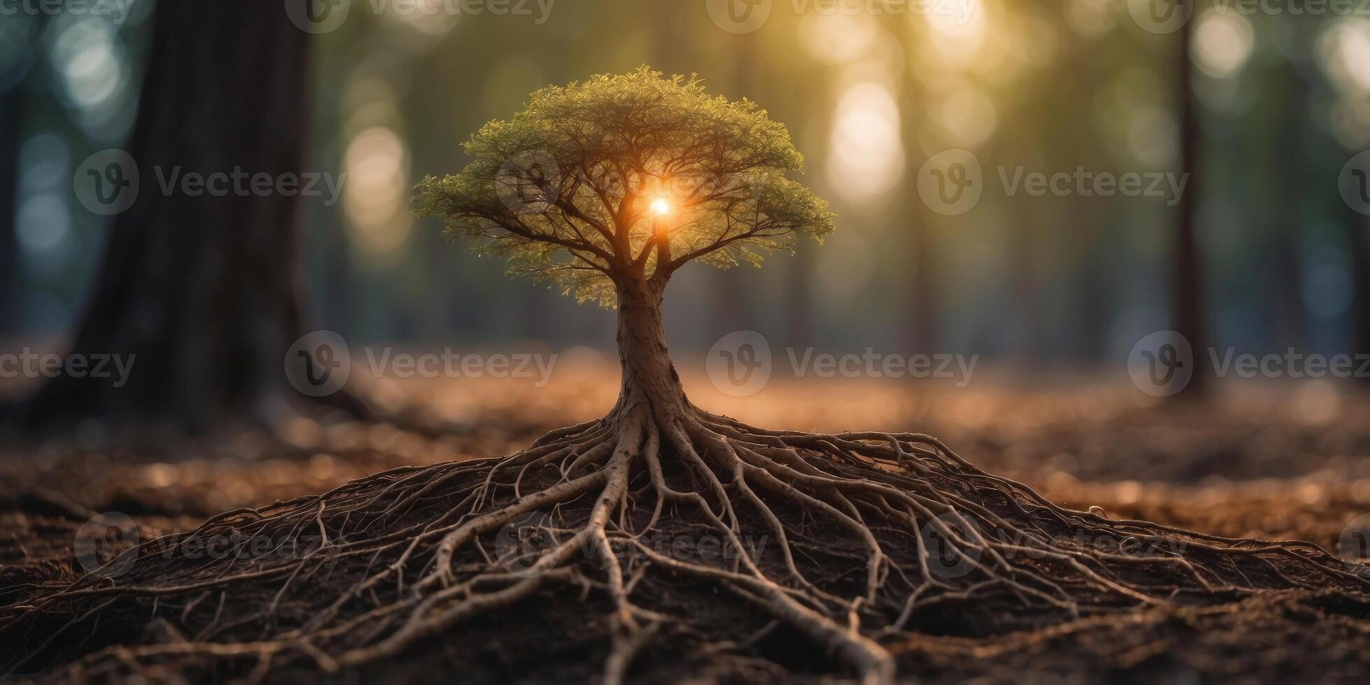 A glowing tree with roots that stretch deep into the earth, radiating arcane power. photo