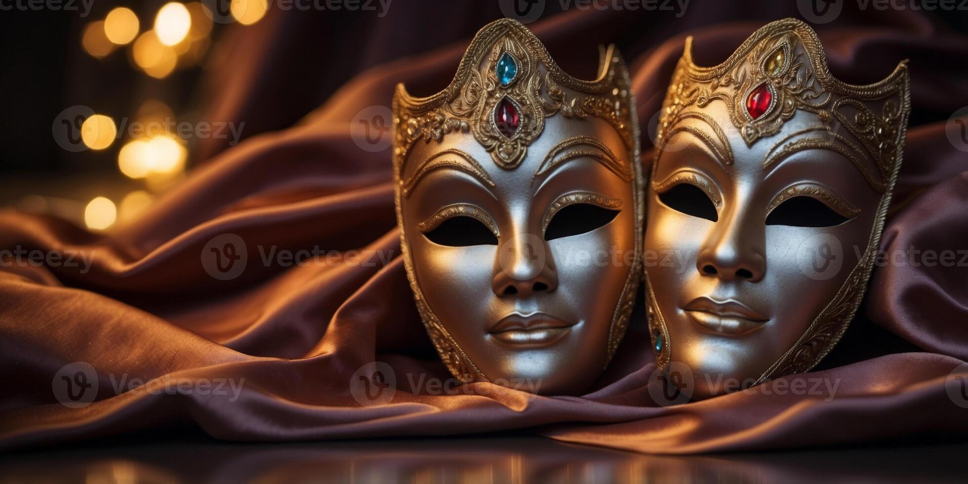 Two light theatrical actor's masks depicting different emotions lie on satin silk. photo