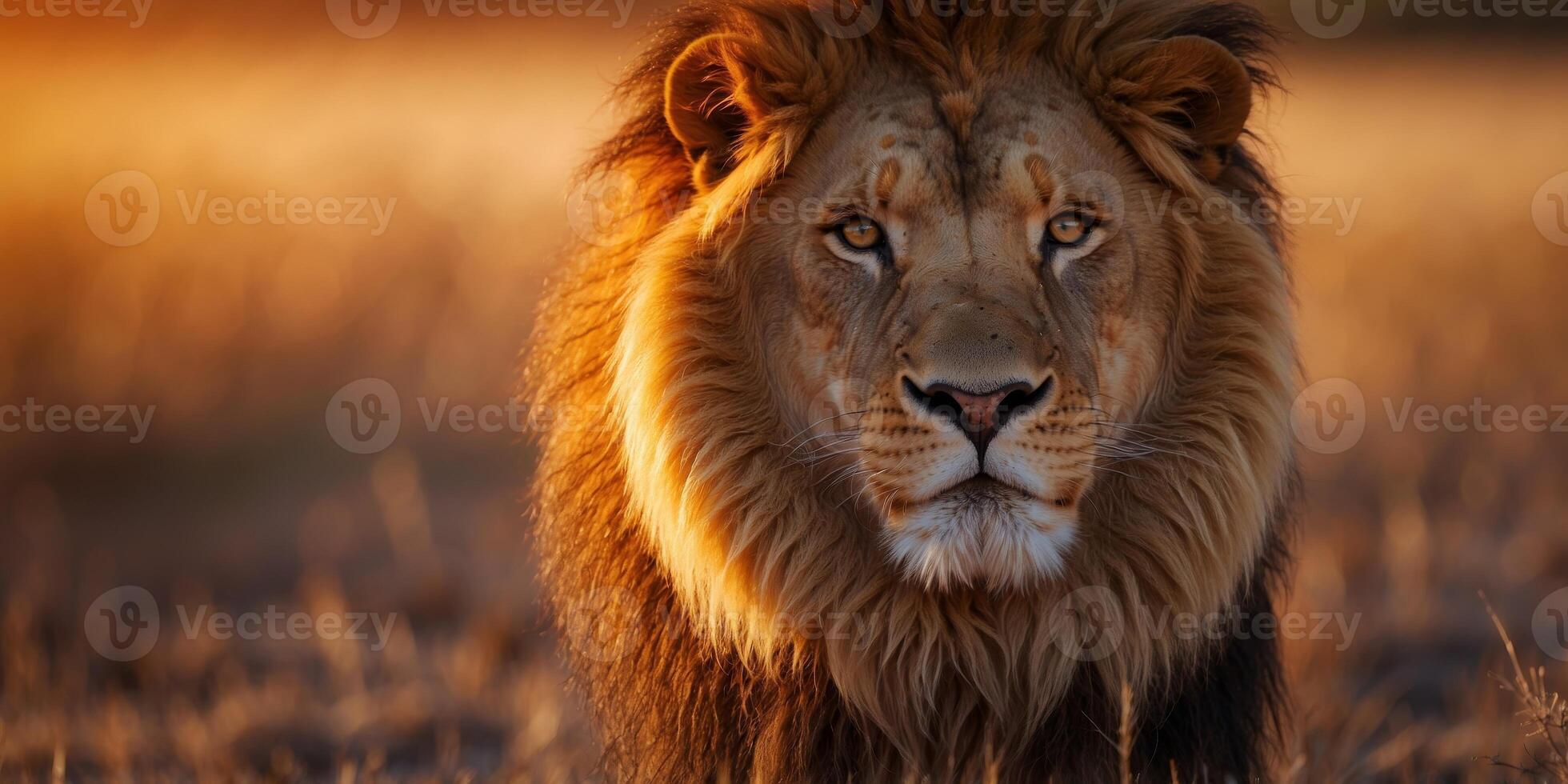 A lion with a mane of flames prowling through a glowing savannah at sunset. photo