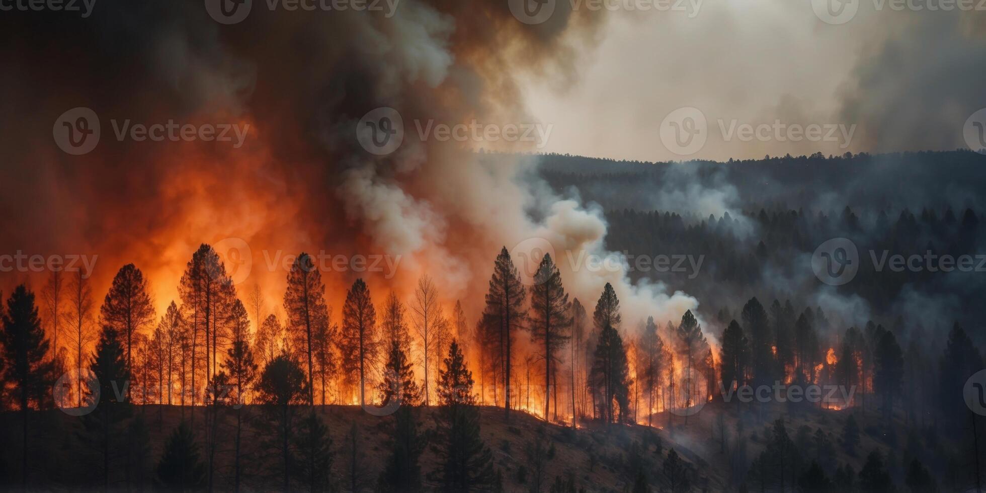 Devastating pine forest fire high smoke and orange flames seen from above in a natural disaster. photo