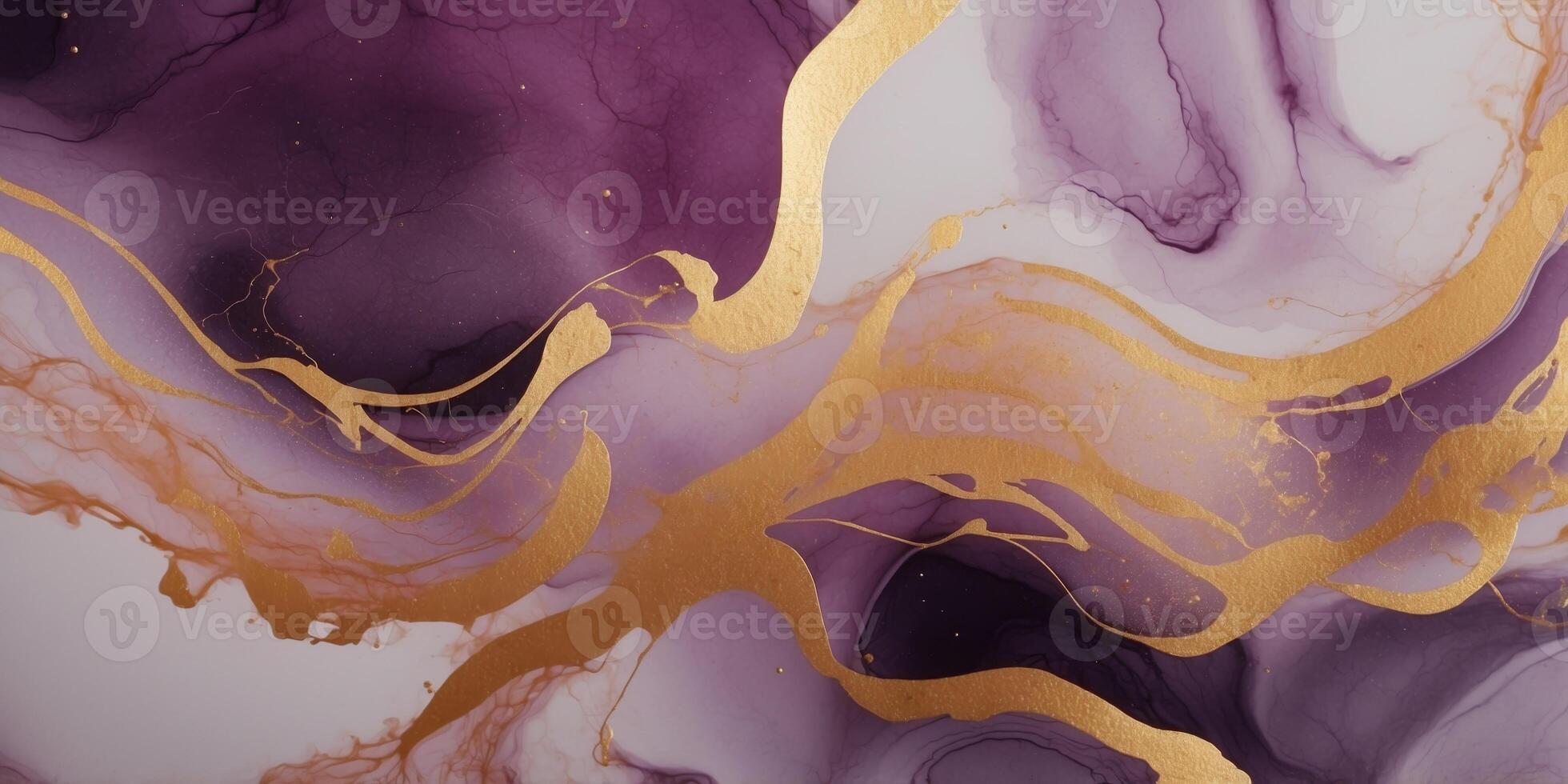 Magenta alcohol ink swirls on a minimalist purple marble background accented with golden cracks. photo