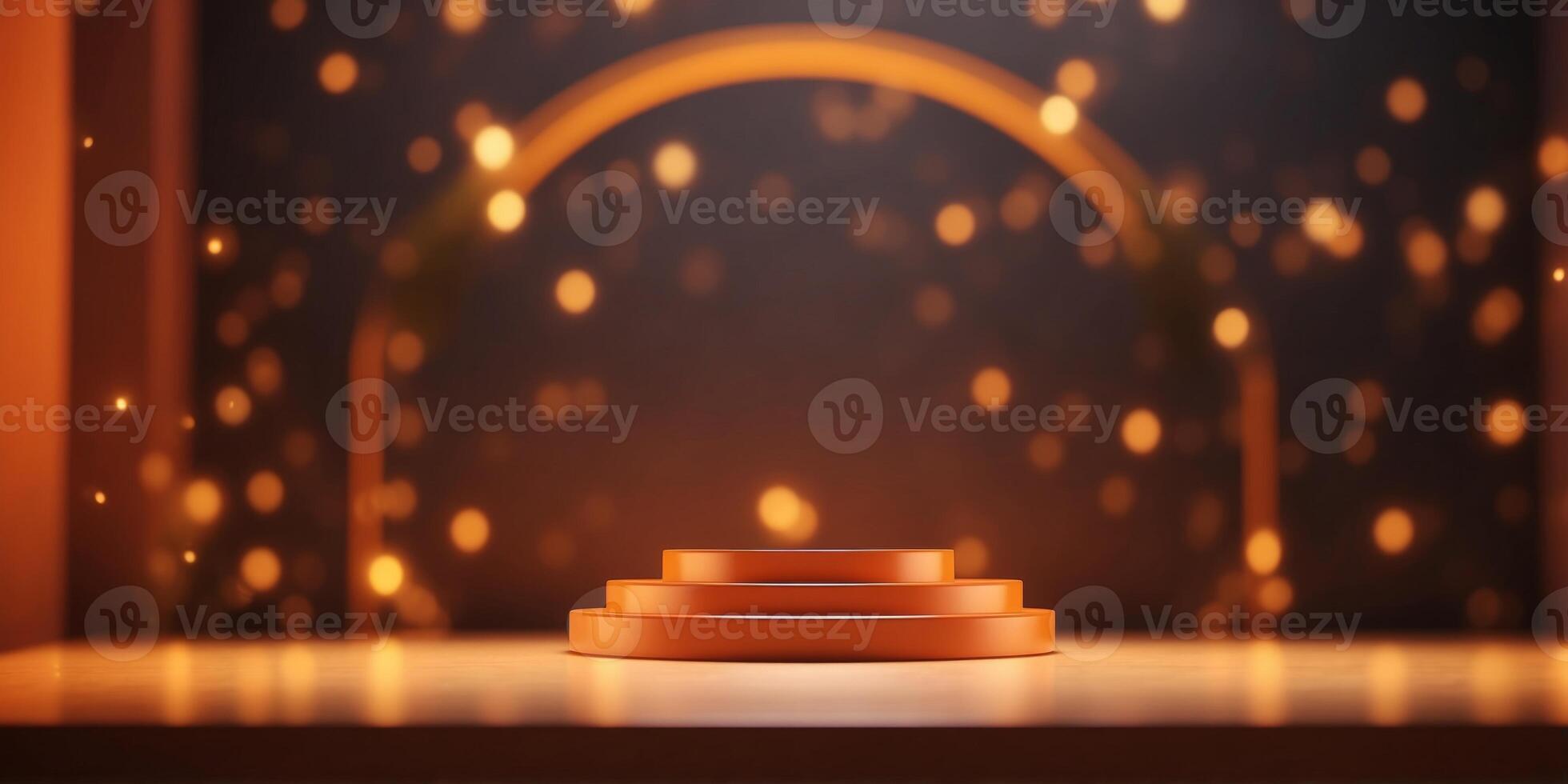 Warm orange archway and podium with soft glow for product presentations. photo