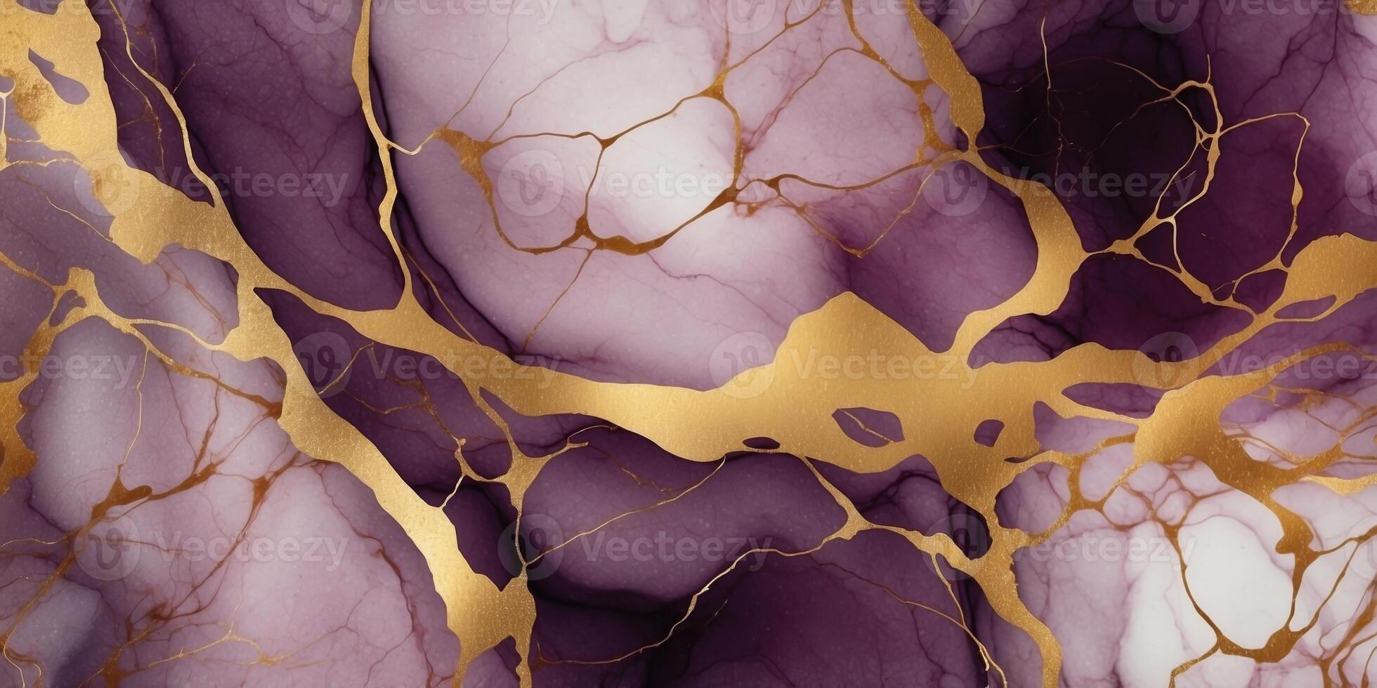Magenta alcohol ink swirls on a minimalist purple marble background accented with golden cracks. photo