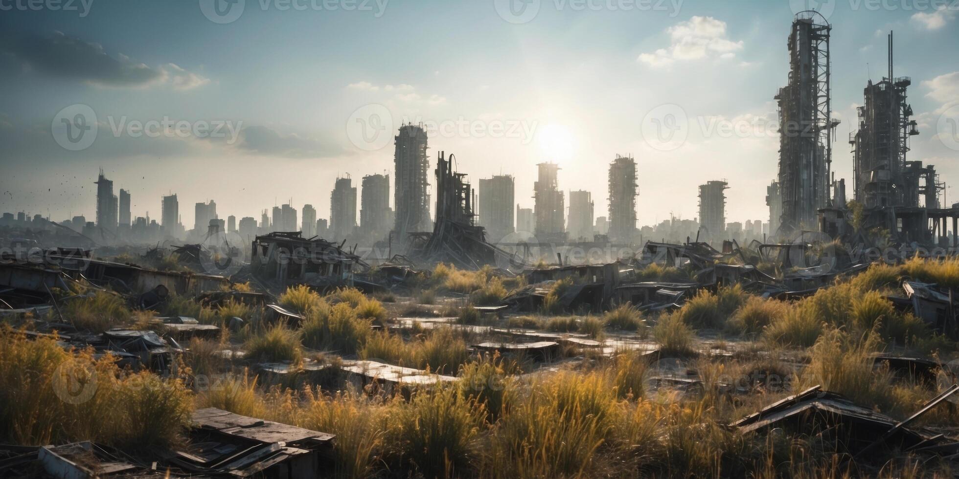 Crumbling Futuristic Cityscape with Overgrown Vegetation in Post Apocalyptic Landscape. photo