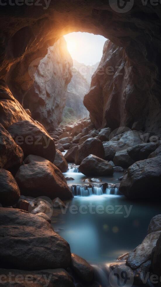 A mystical cave with a glowing stream, and an empty stone illuminated in soft light. photo