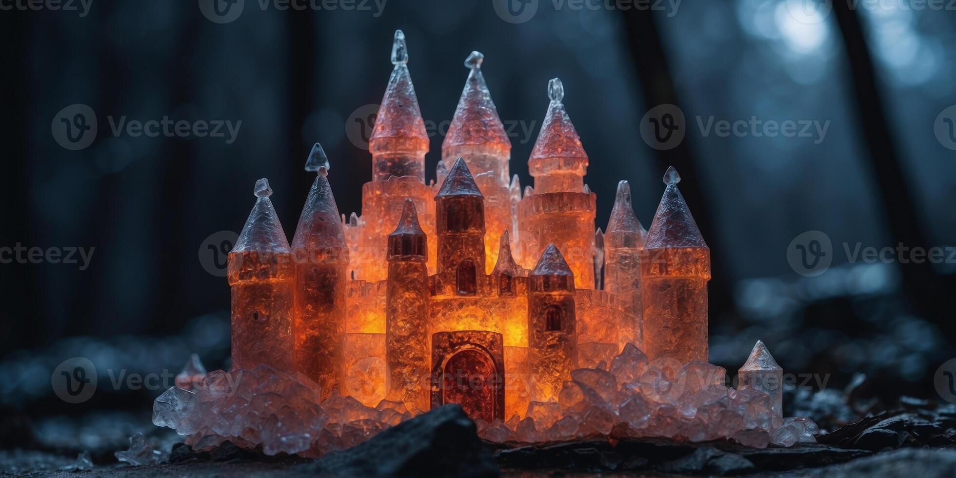 A castle made of ice and fire, glowing with enchantments in a dark forest. photo