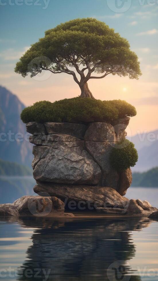 A mystical floating island with an ancient stone altar, ready for a product to be placed. photo