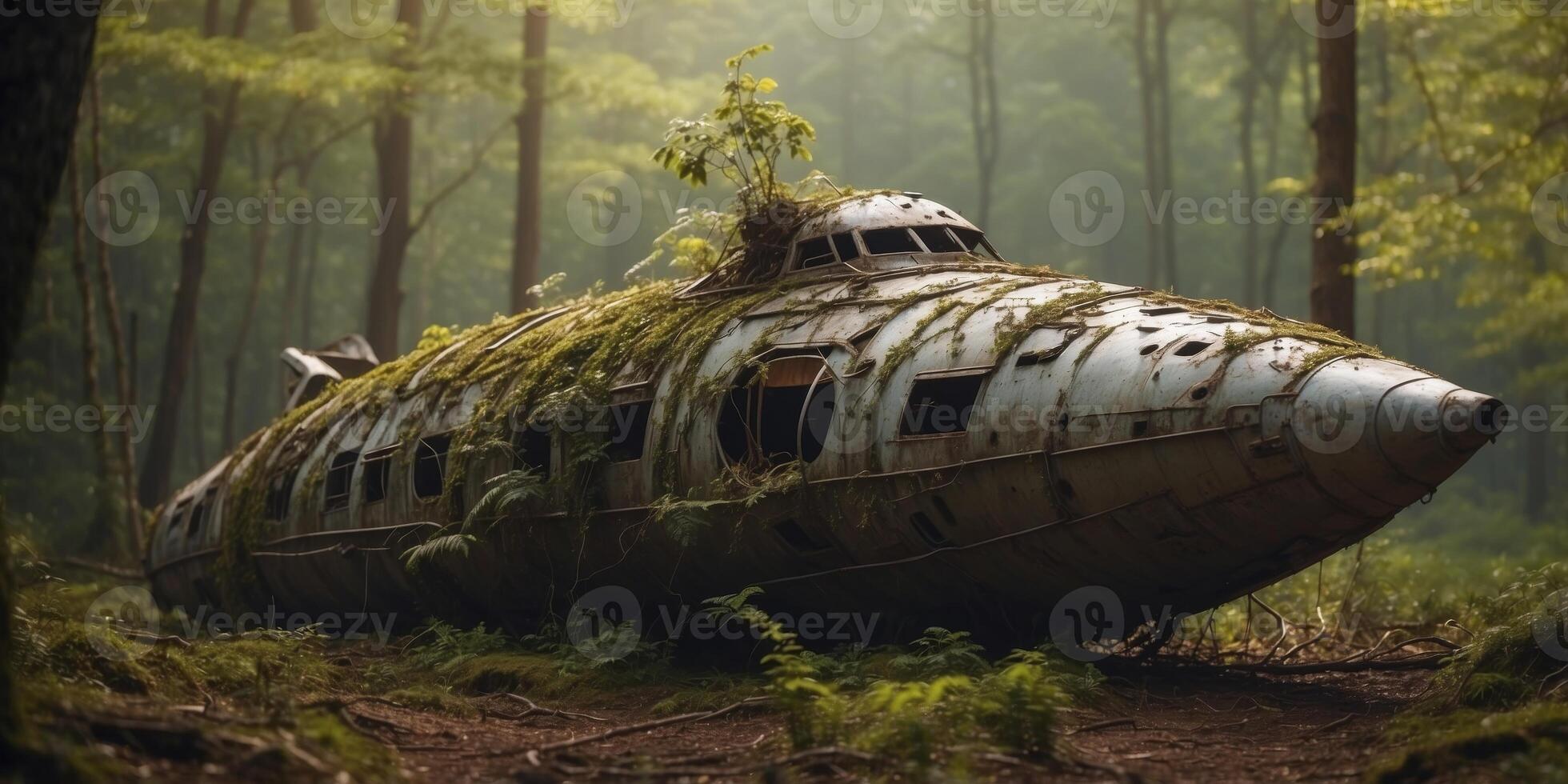 A crashed alien ship in the middle of a dense forest, overgrown with vines. photo