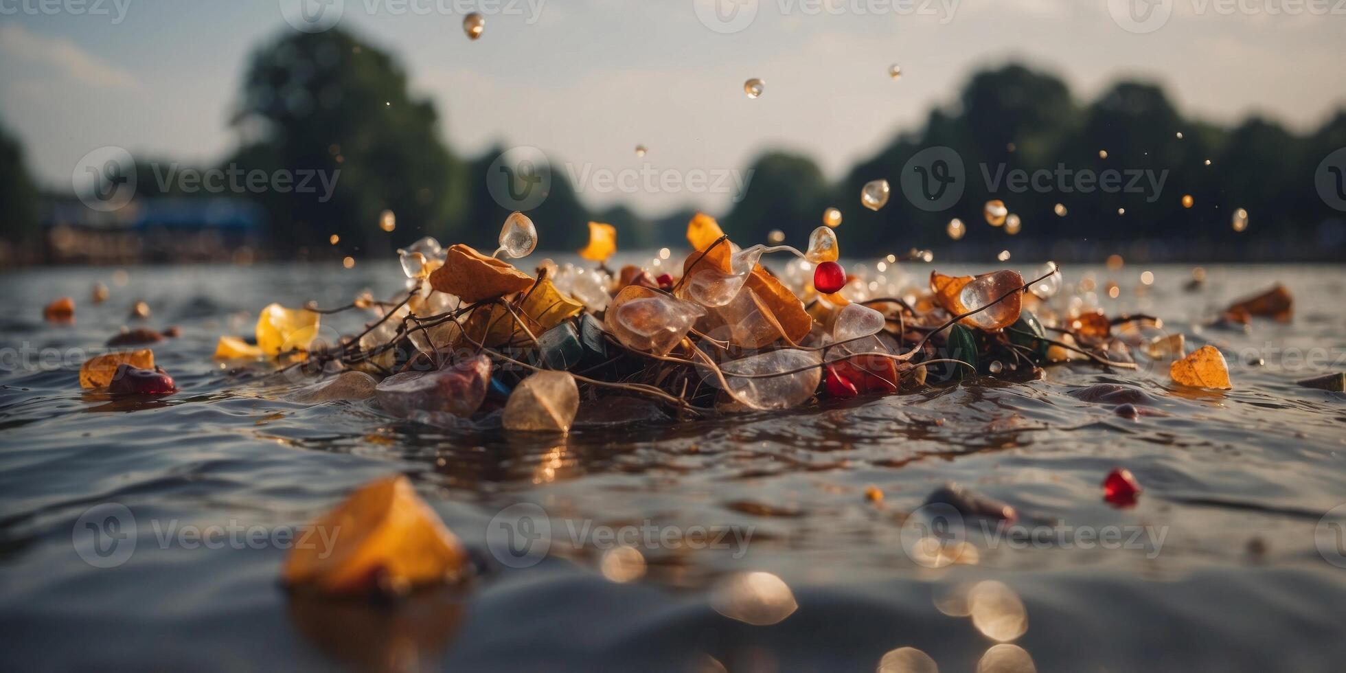 Floating Debris Accumulation in River Posing Flood Risks. photo