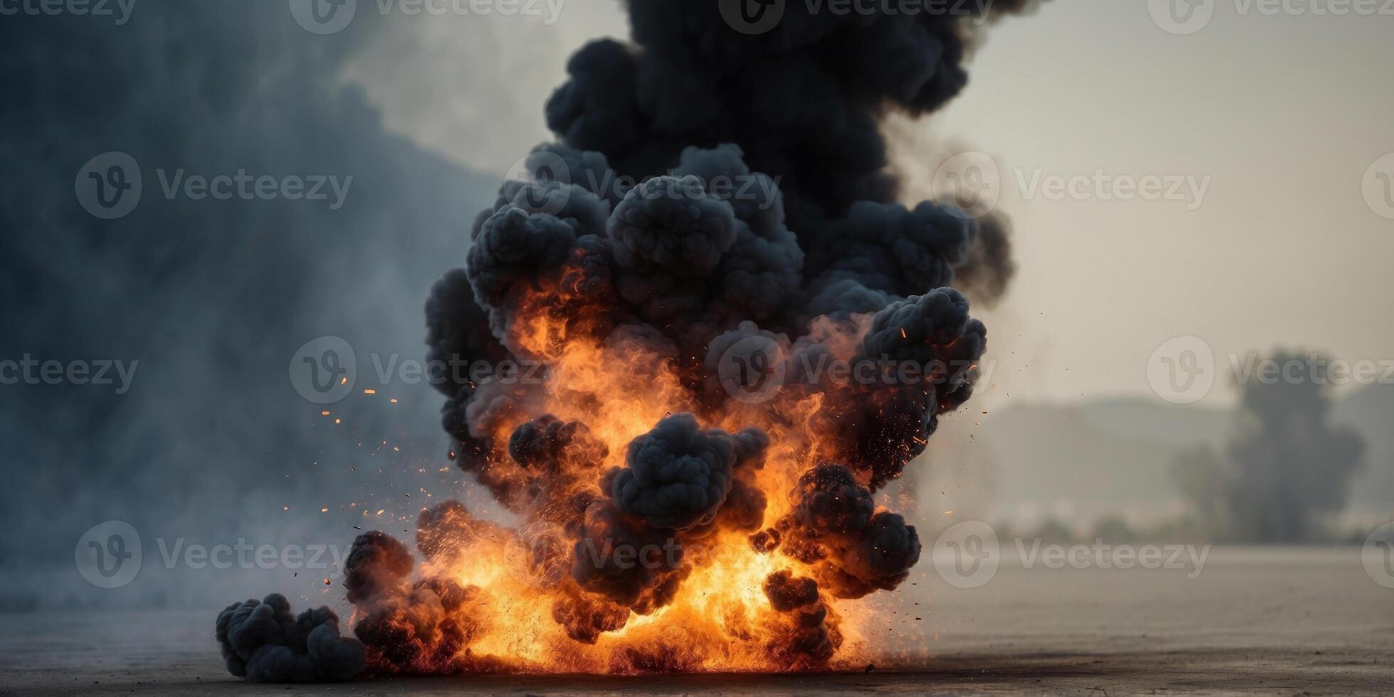 Explosive black smoke cloud on background. photo