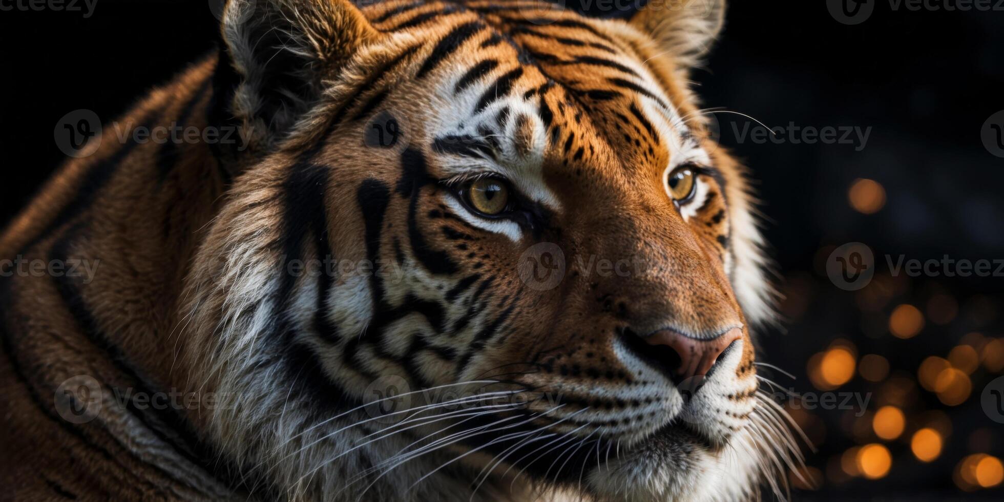 An close up of a tiger's face on a black background. photo