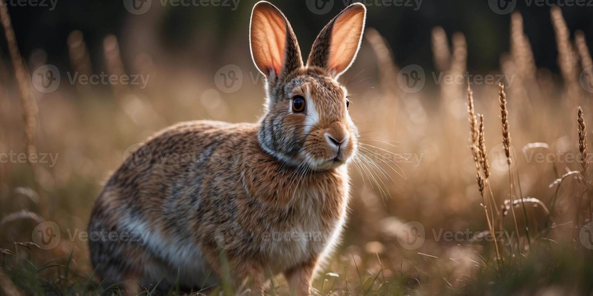 A rabbit with glowing eyes bounding through a field of tall, silver grass. photo