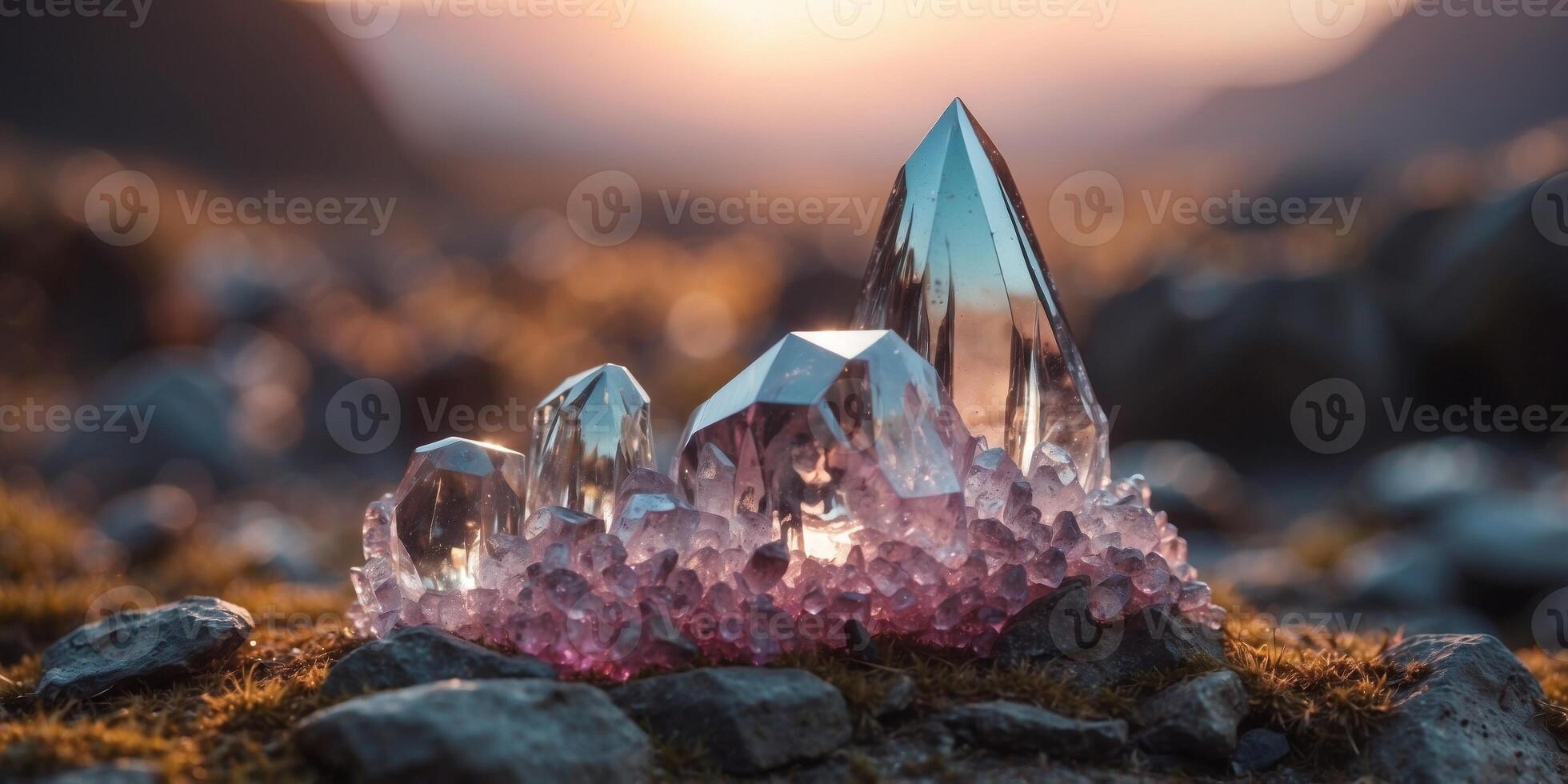 An alien landscape with giant crystal formations rising from the ground. photo
