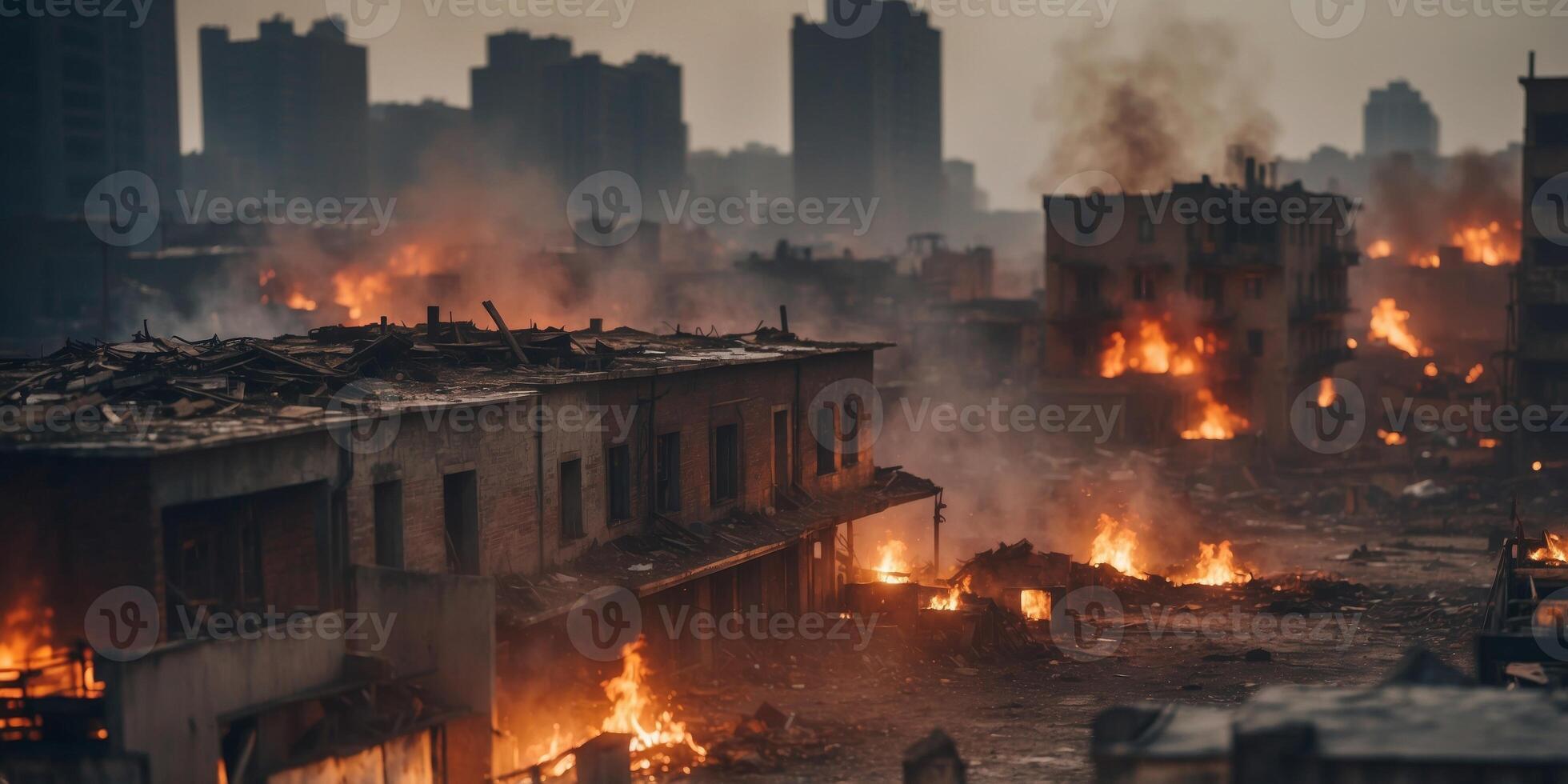 Apocalyptic city scene with fires and destroyed buildings. photo