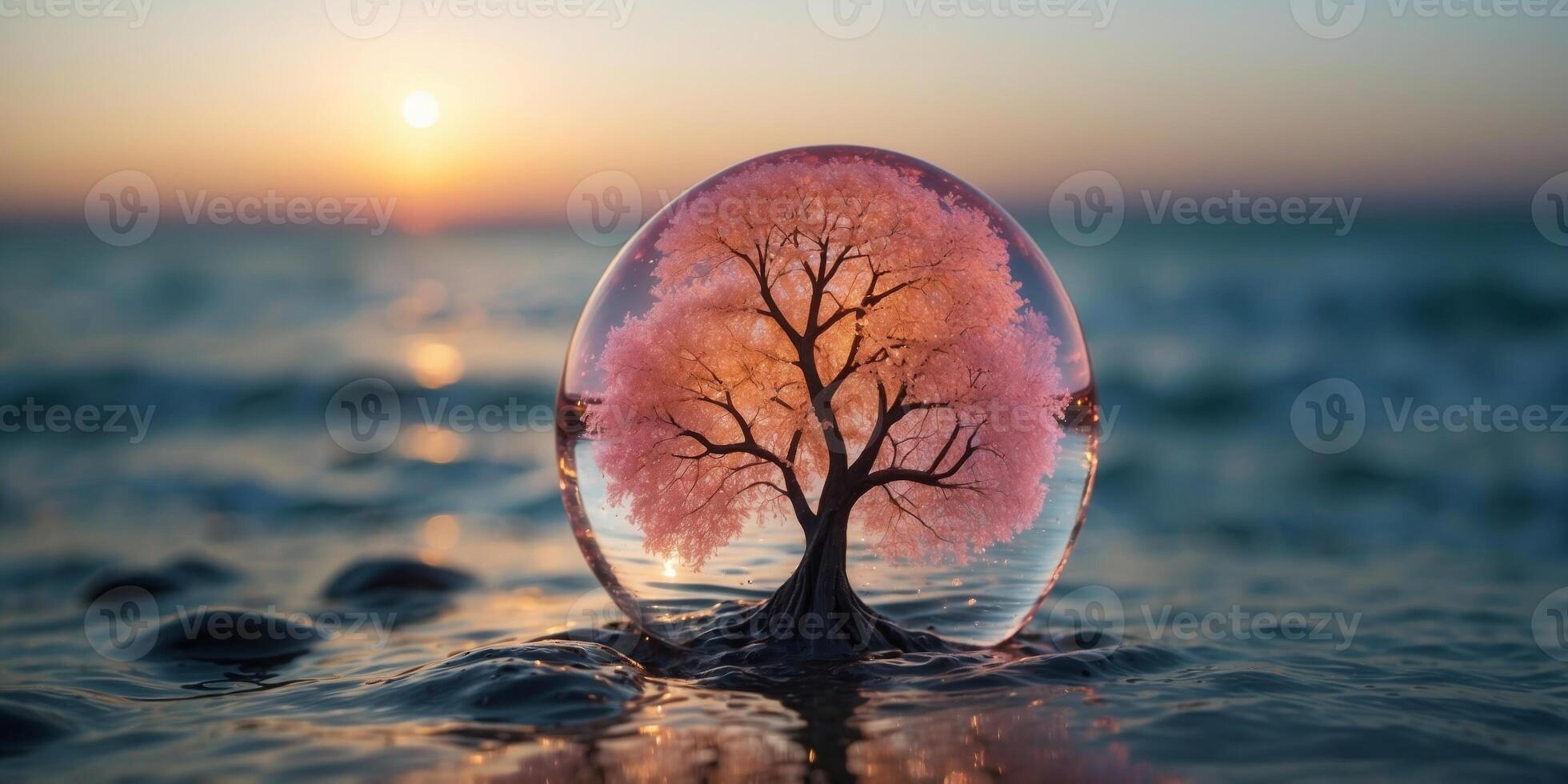 A crystal tree growing in the middle of a glowing ocean. photo