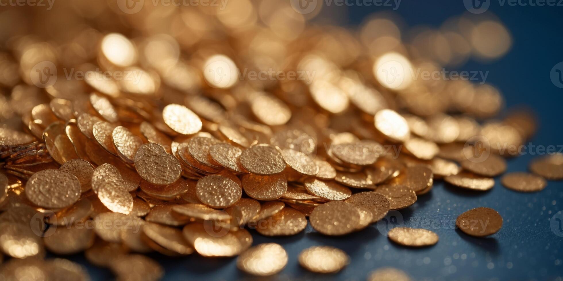 Gold Sequins Sparkling With Soft Flickering Side Lights On A Blue Background. photo