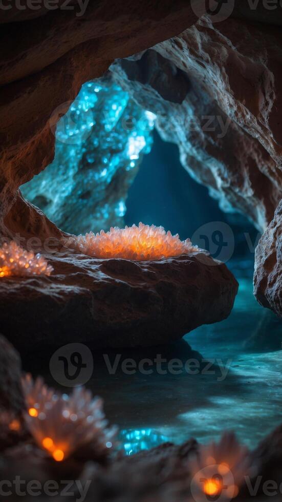 A bioluminescent cave with an empty glowing platform surrounded by crystal formations. photo