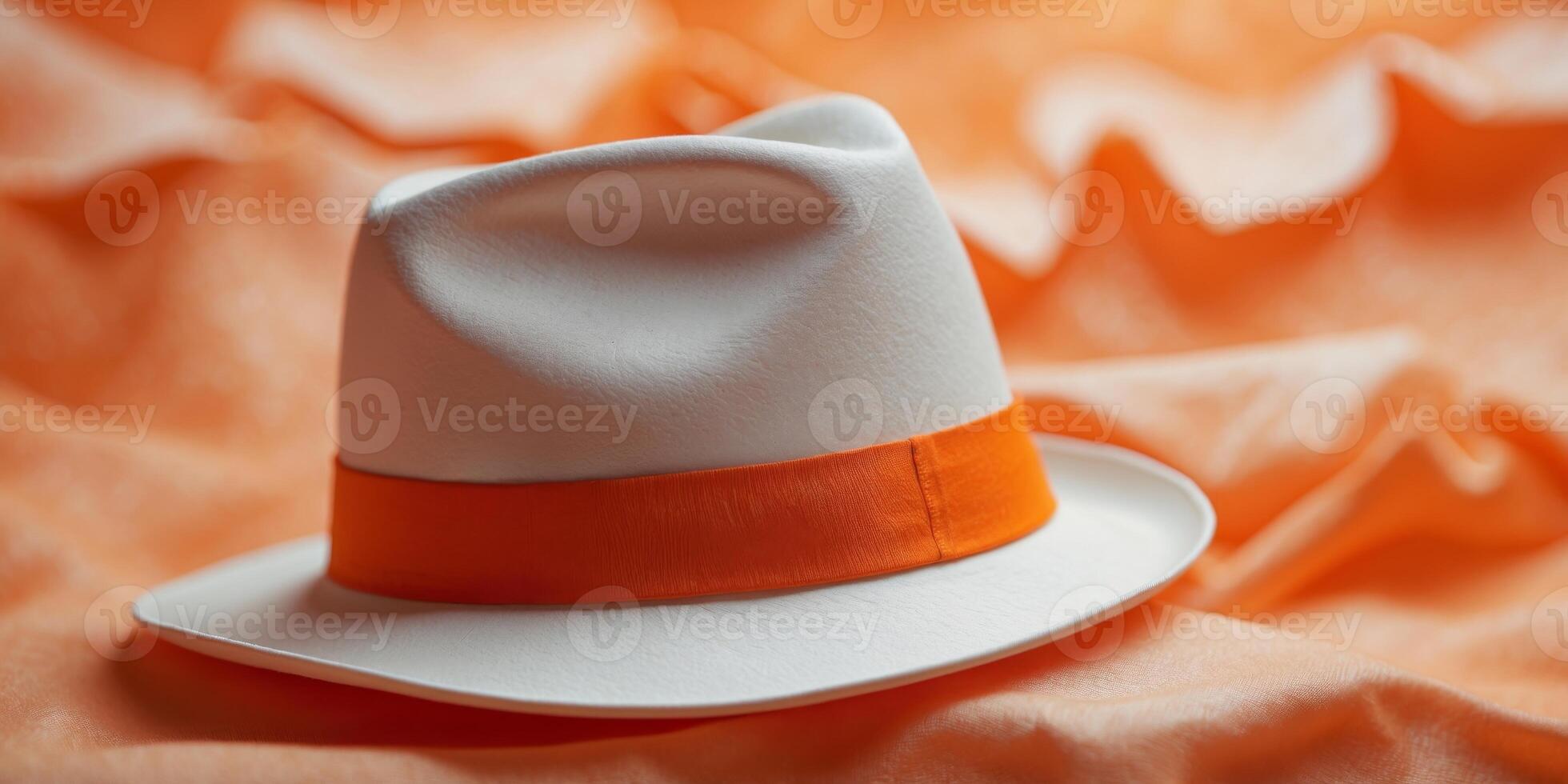 Fashionable white fedora hat on a vivid orange background. photo