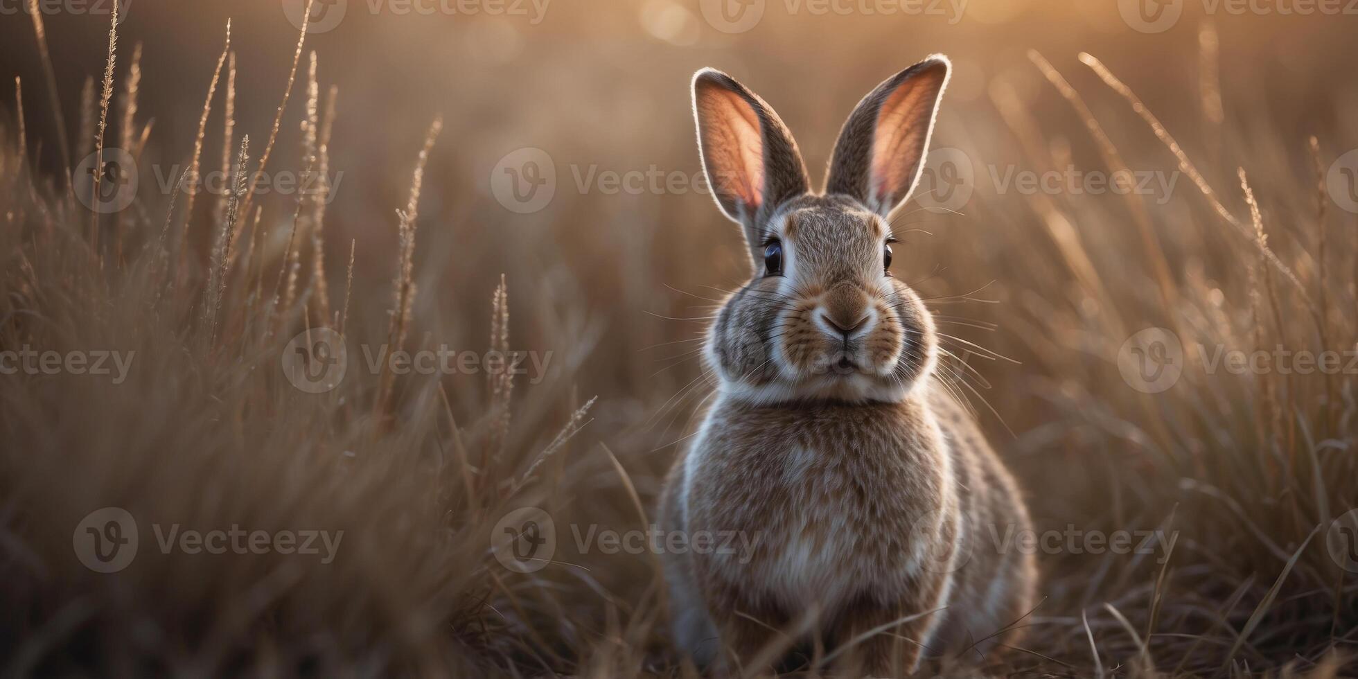 A rabbit with glowing eyes bounding through a field of tall, silver grass. photo