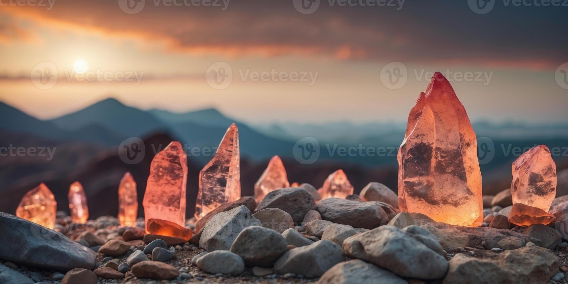 A barren, rocky landscape with towering arches made of glowing crystal. photo