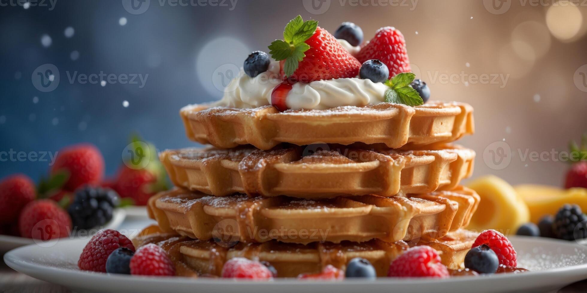 Indulge in a stack of waffles adorned with fresh fruit and clouds of whipped cream. photo