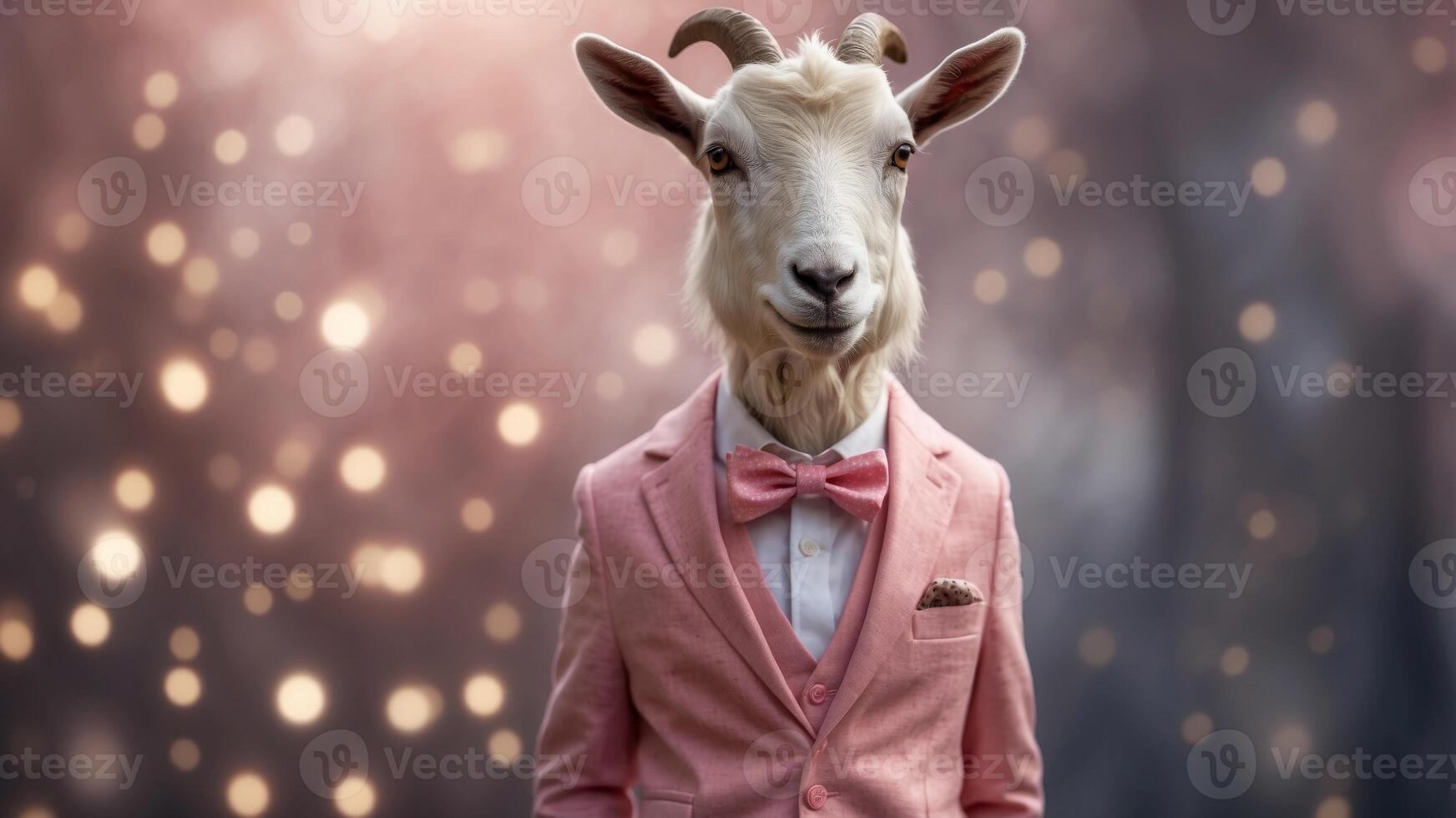 Goat in a Pink Suit Standing on Its Hind Legs. photo