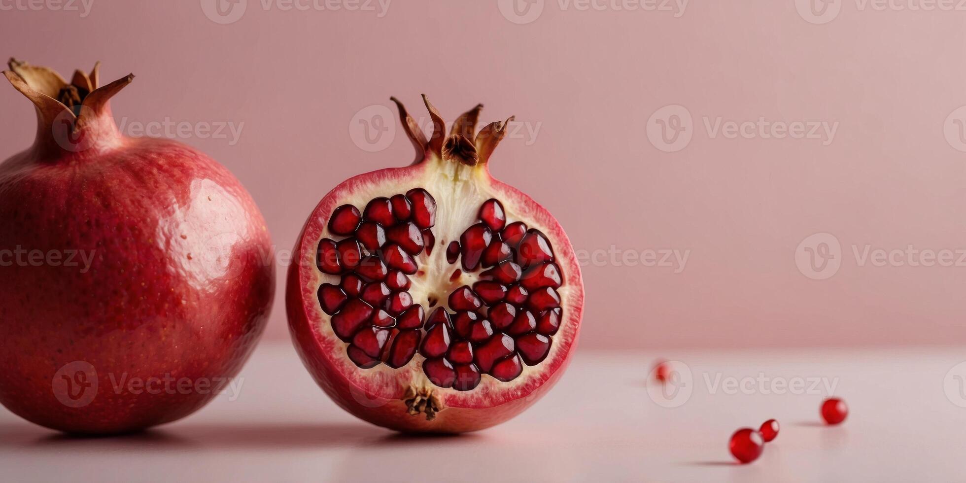 Half of a pomegranate on a pink background. photo