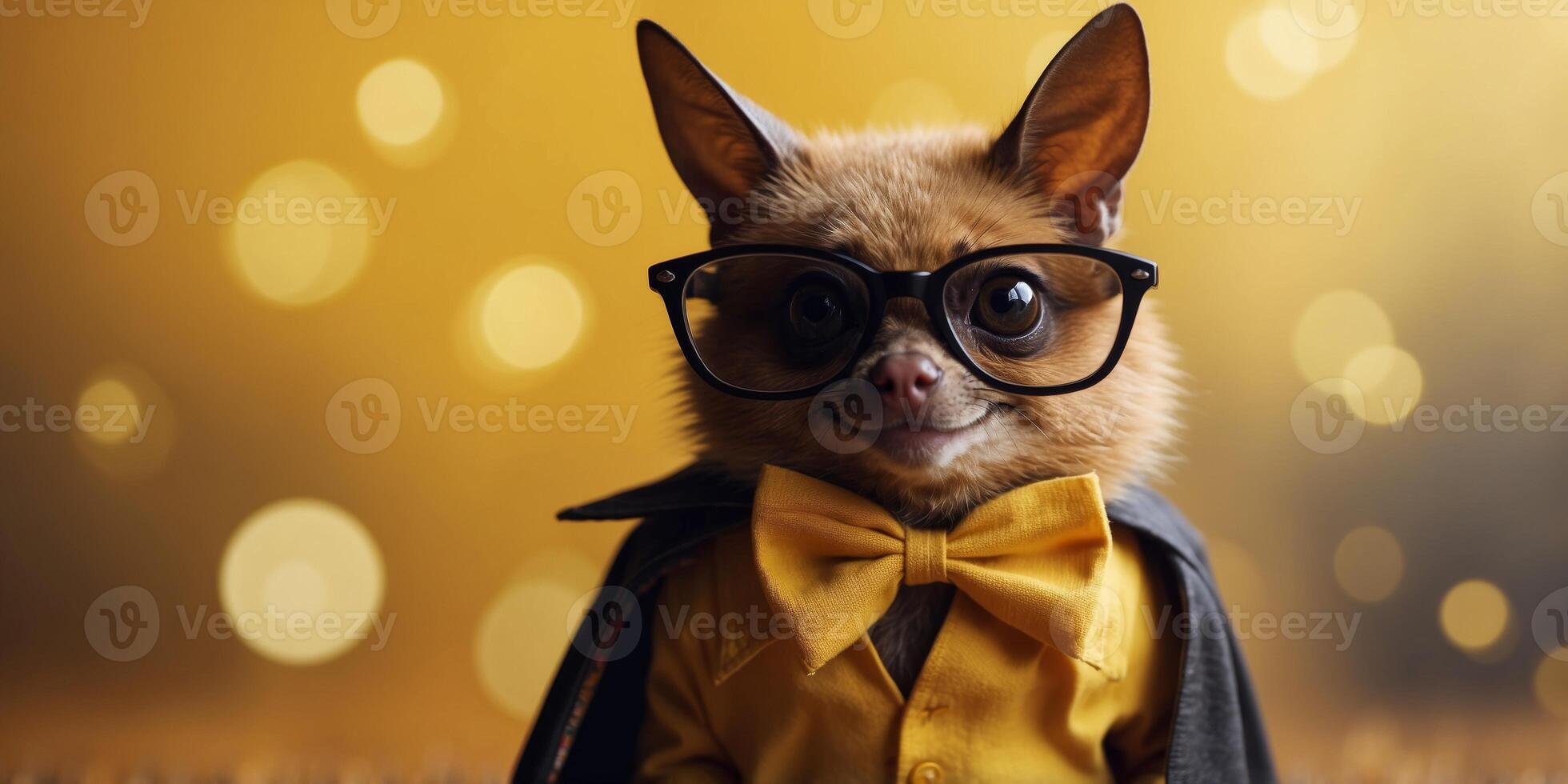 Bat wearing glasses on yellow background. photo