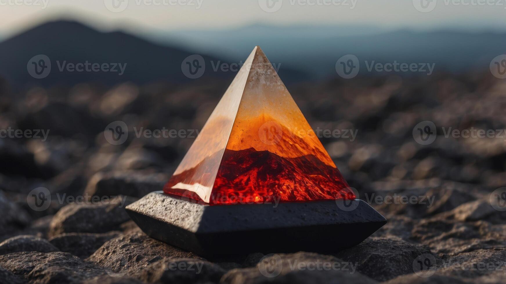 A black pyramid shaped object floating on top of a body of magma. photo