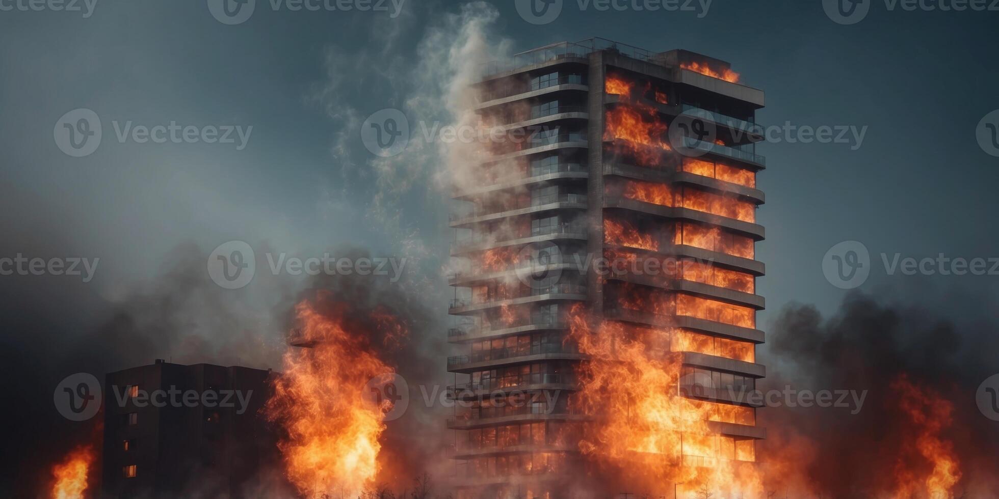 A building is on fire and smoke is billowing out of it. photo