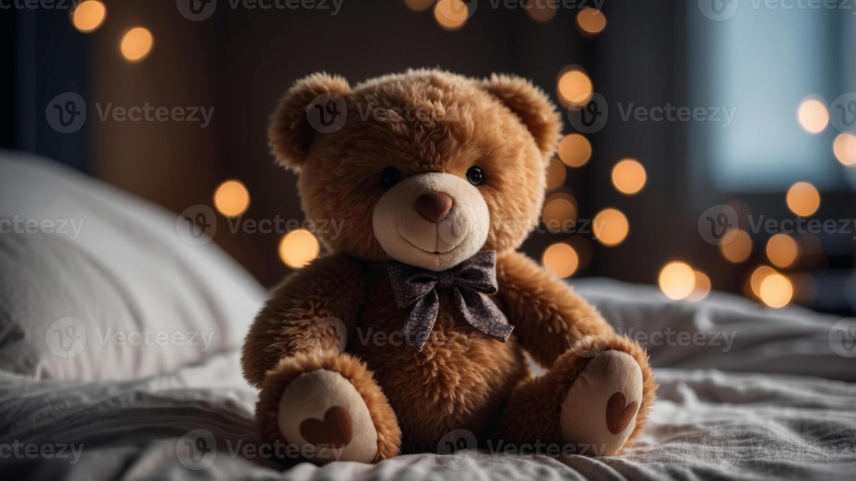 An teddy bear is sitting on a bed in a dimly lit room. photo