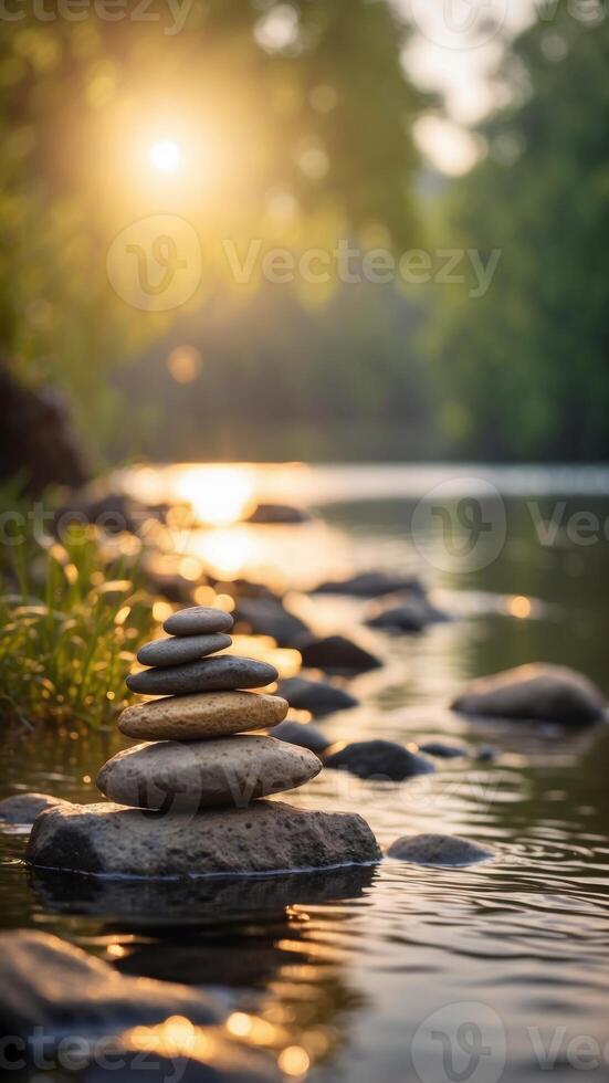 A peaceful riverside with an empty stone near the water, bathed in golden light. photo