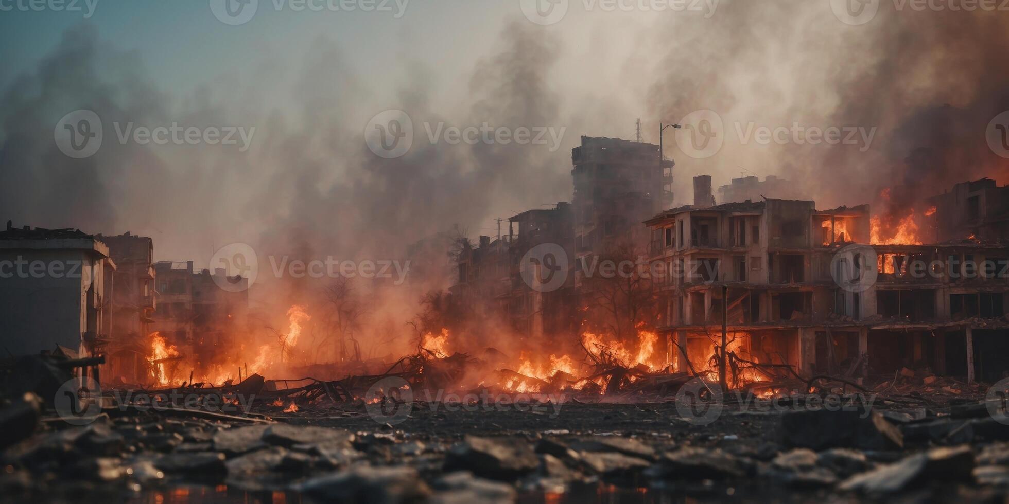 A city destroyed by rocket attacks is shrouded in fire and smoke. photo