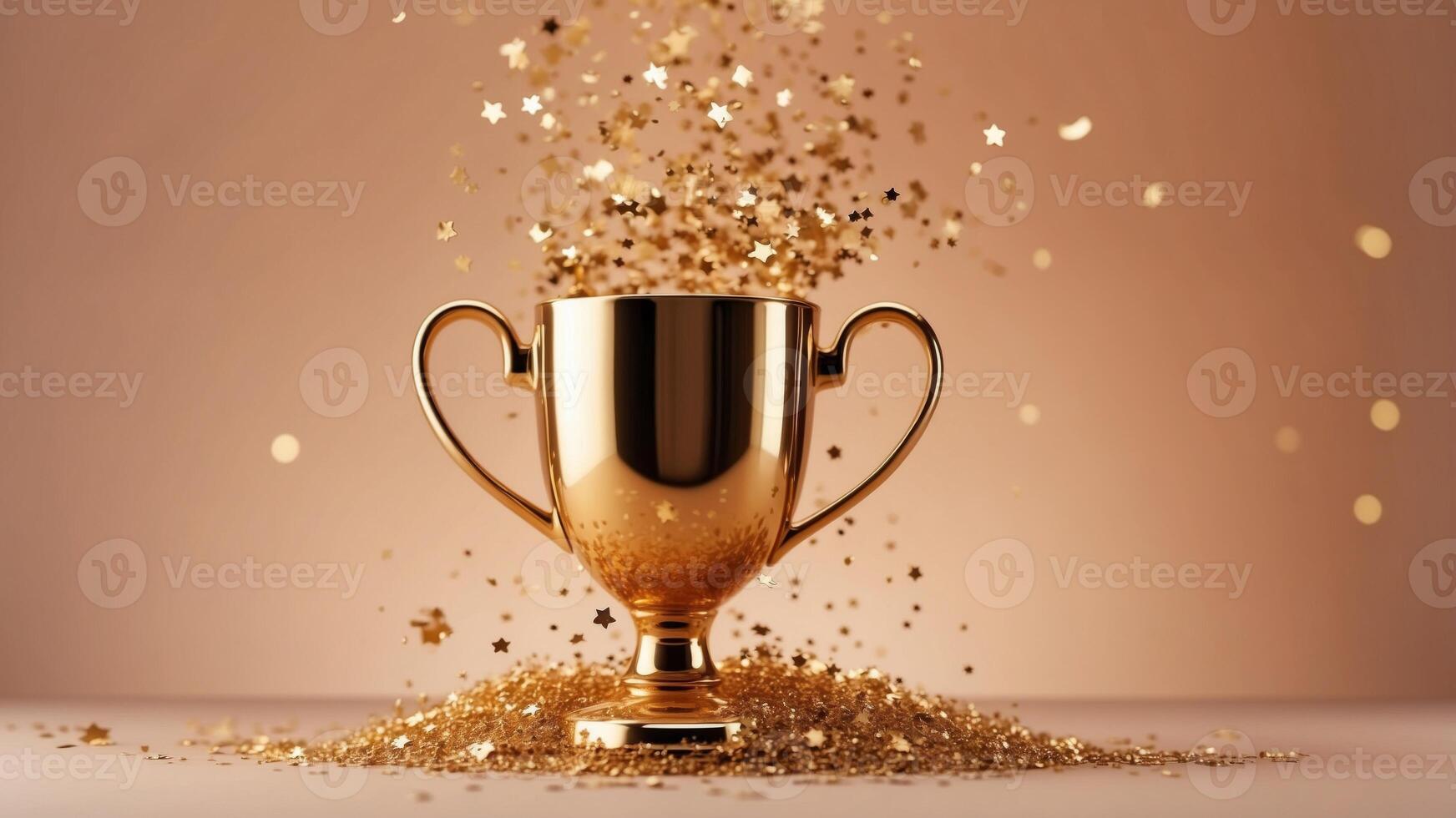 Golden blank winners cup with golden stars confetti flying out on a peach fuzz color background. photo
