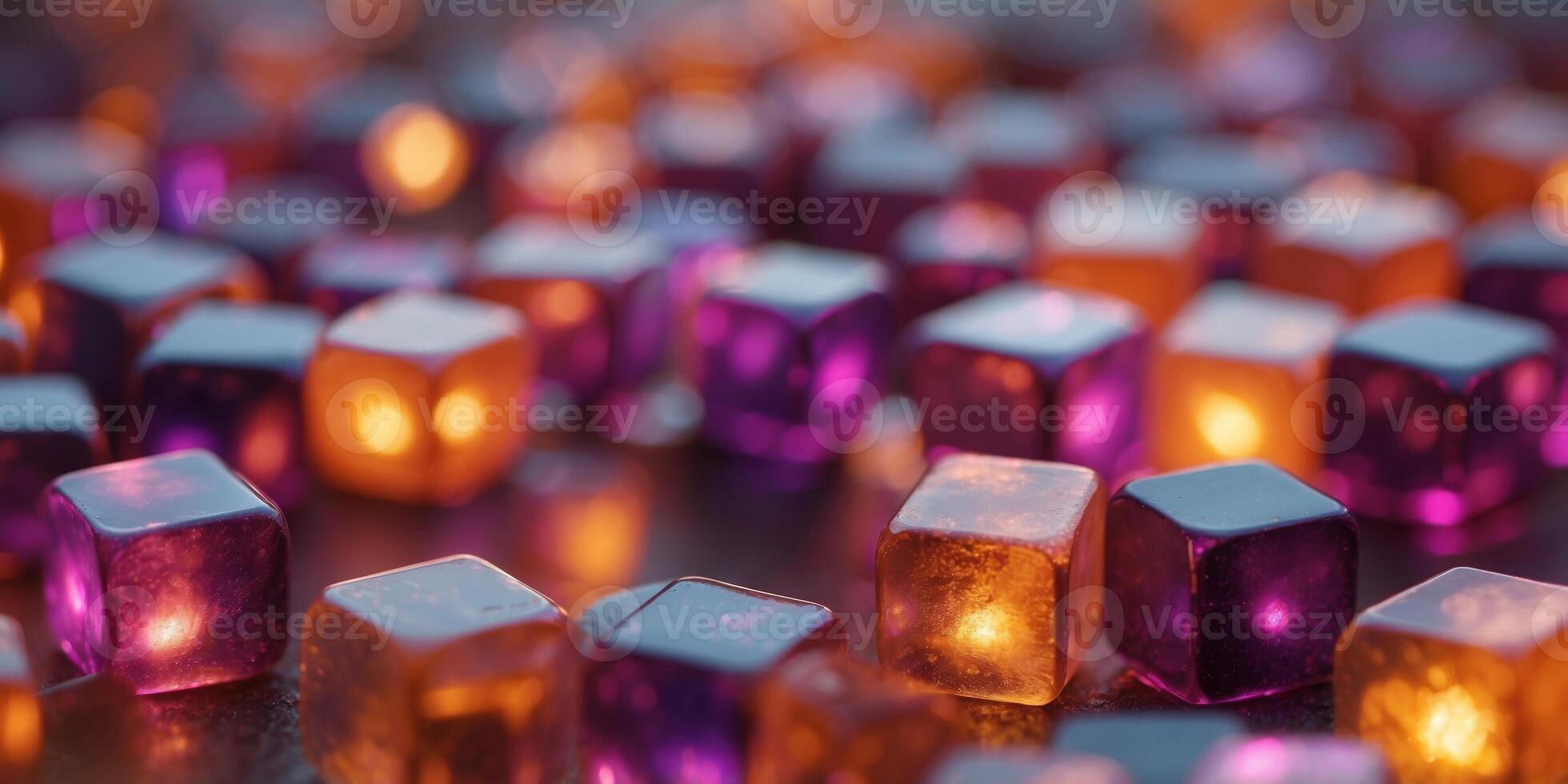 A bold, geometric pattern of glowing cubes in purple, pink, and orange. photo