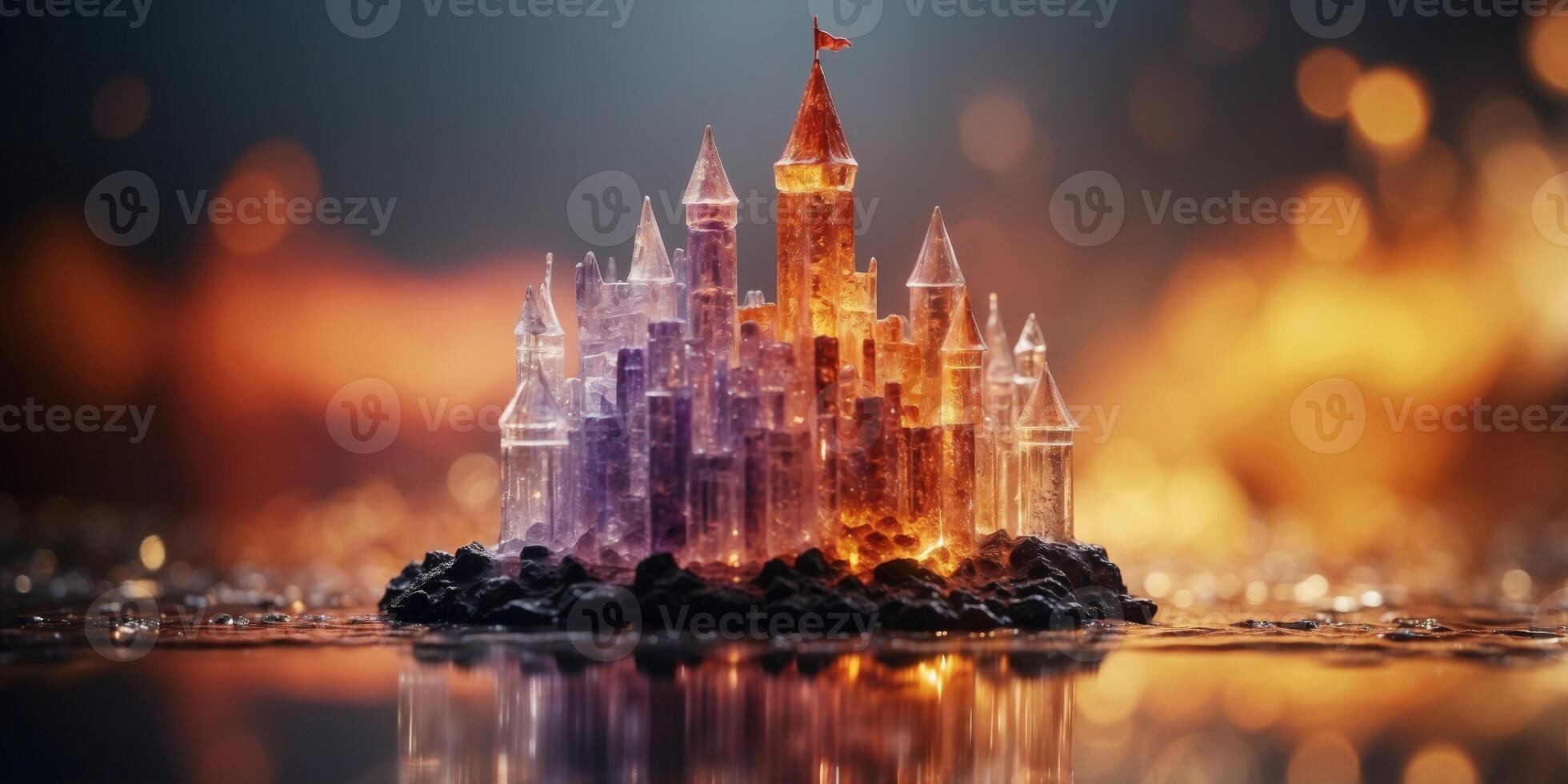 A castle made of crystal floating above a sea of molten fire. photo