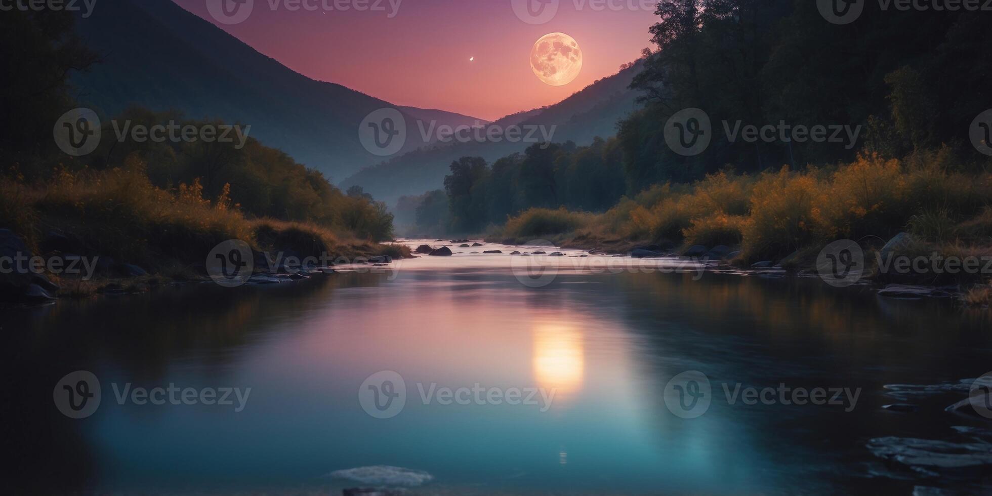 A mystical river flowing with glowing, enchanted water under a crescent moon. photo