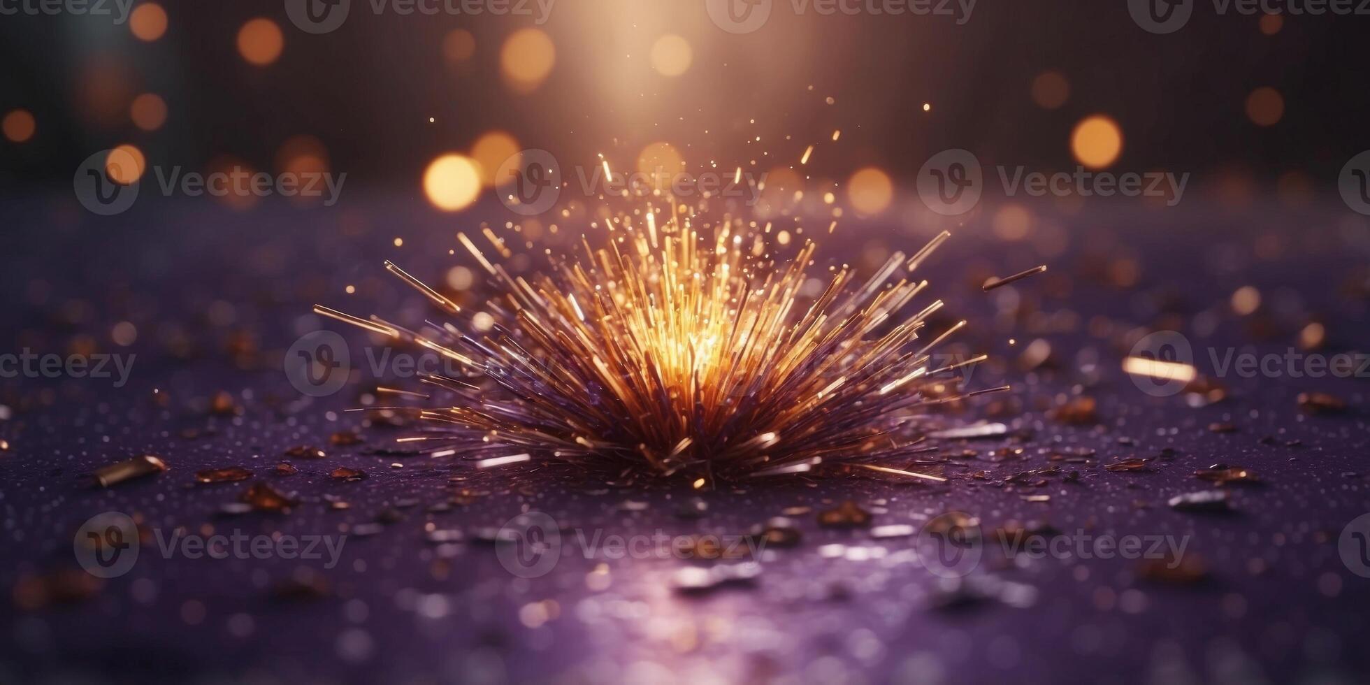 A burst of glowing neon shards exploding from the center of a purple surface. photo