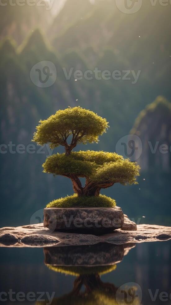 A mystical floating island with an ancient stone altar, ready for a product to be placed. photo