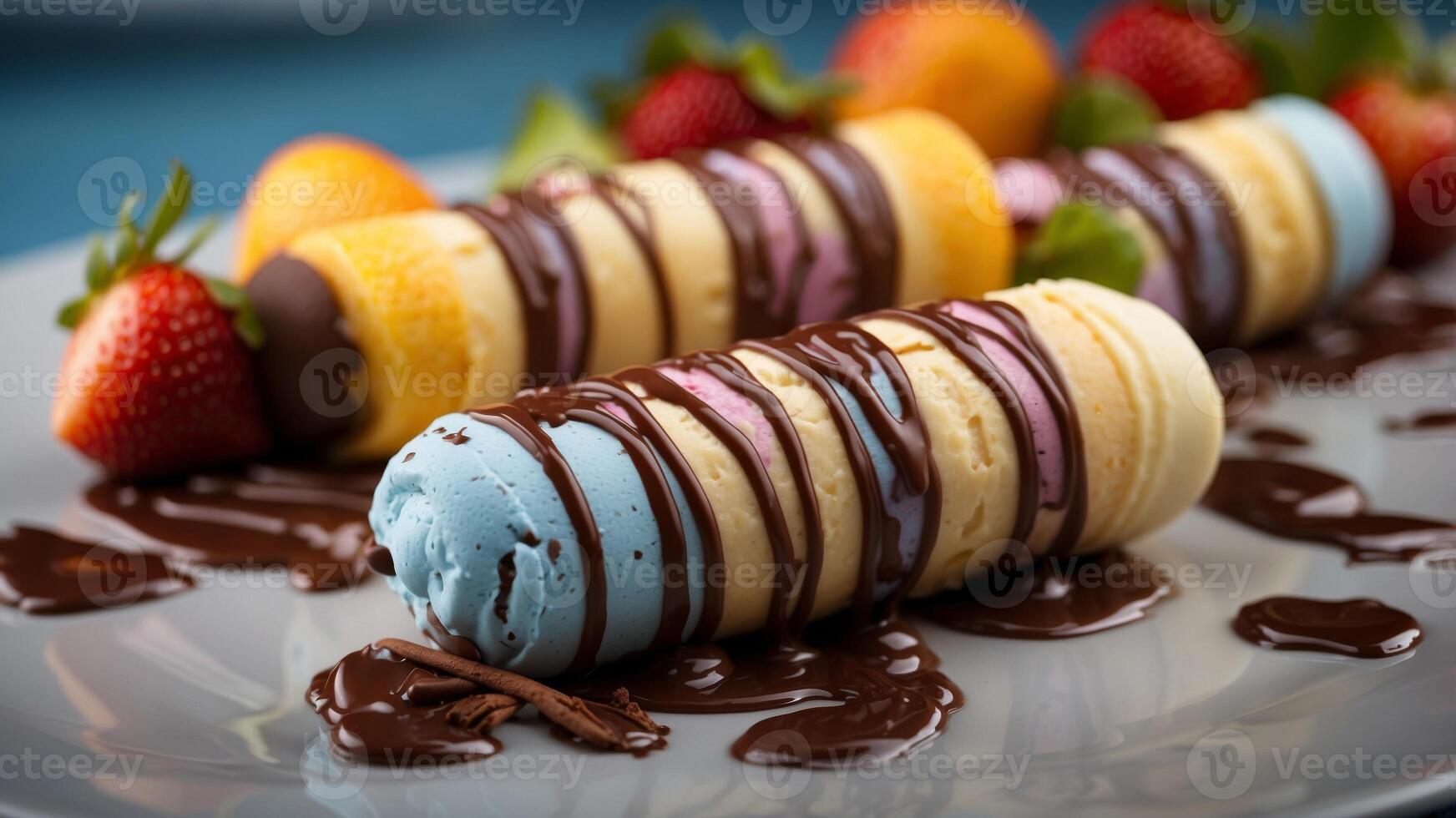 Artful Rolled Ice Cream Delight with Fresh Fruit and Chocolate Drizzle. photo