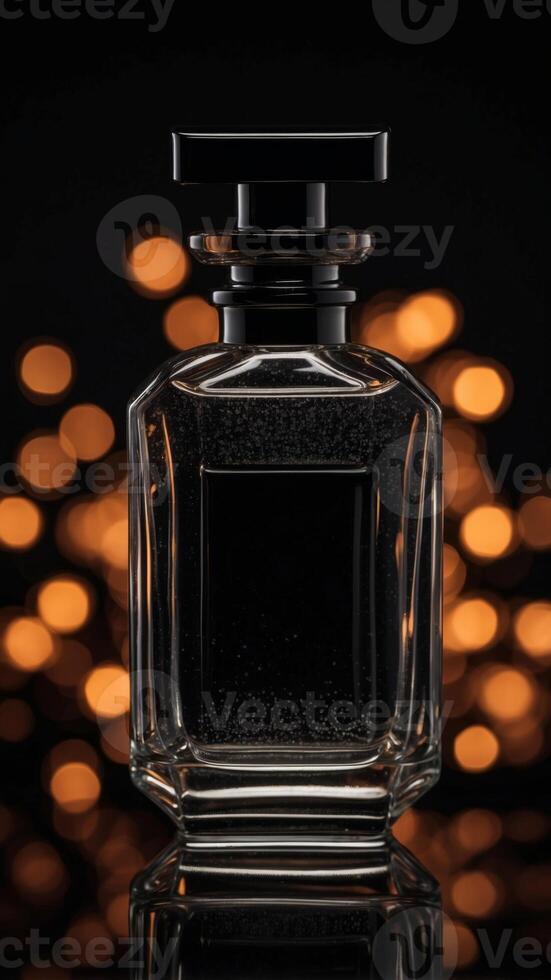 Black Perfume Bottle on Black Background. photo