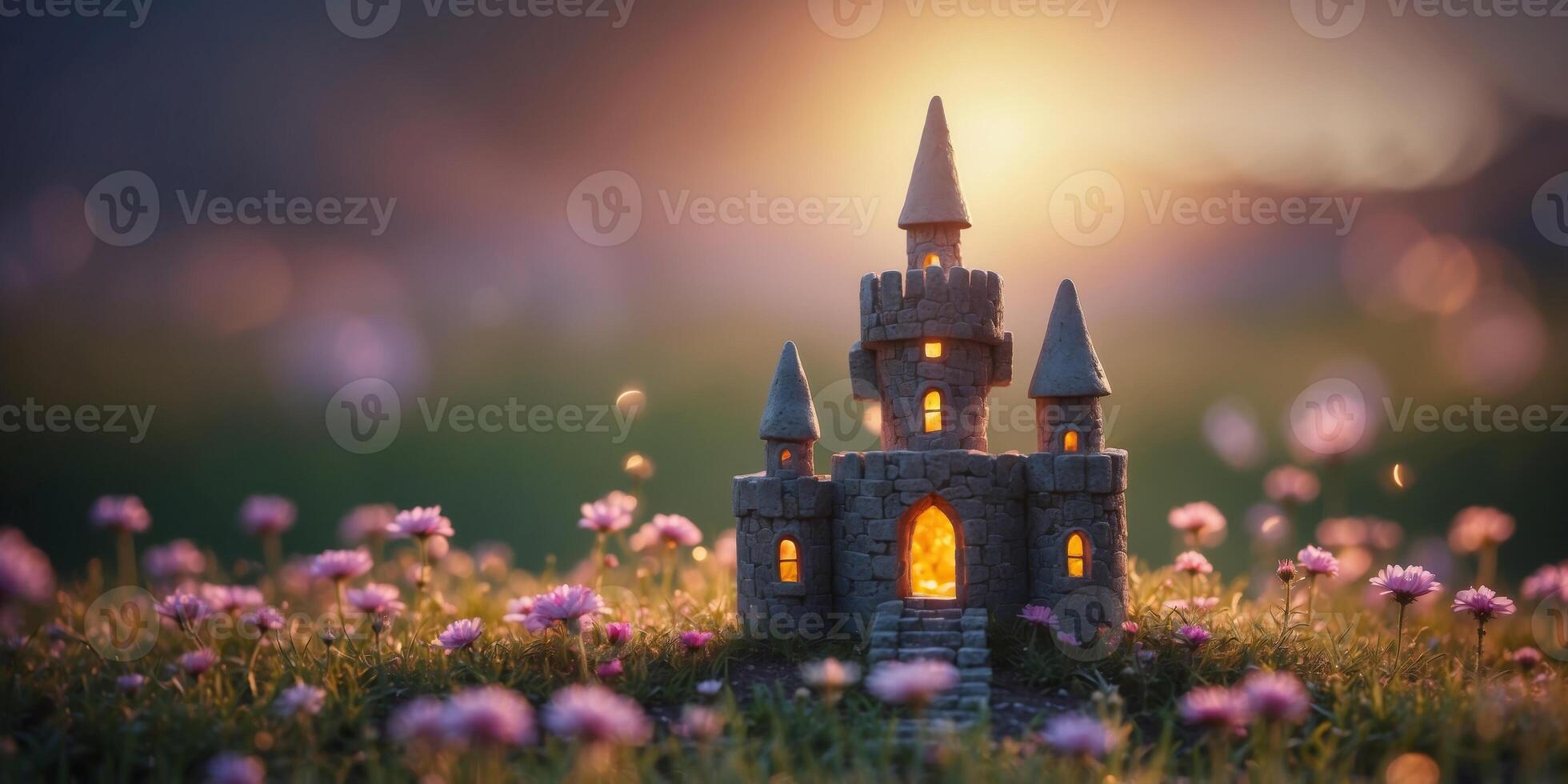 A castle made of enchanted stone, glowing with magical energy above a field of flowers. photo