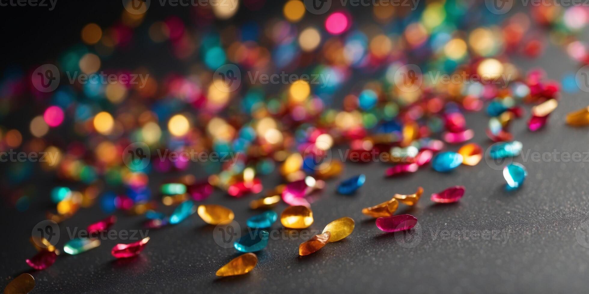 A burst of neon confetti in rainbow colors against a metallic silver background. photo