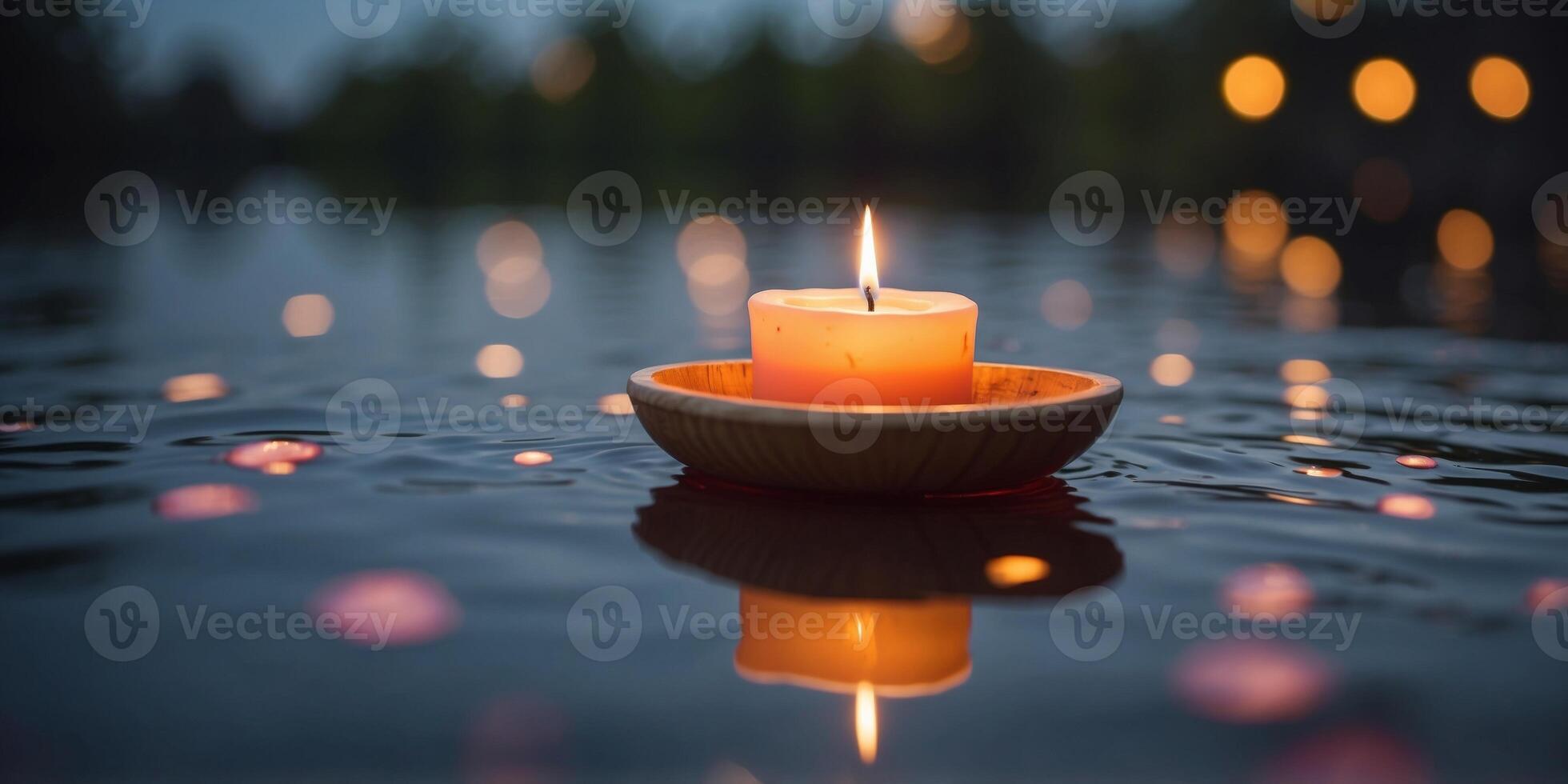 An candle is floating on a small boat in a pond. photo