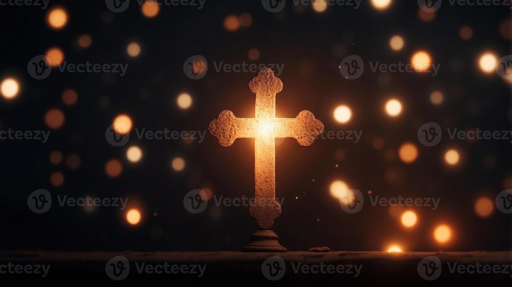 Glowing Cross of Light Shining in the Darkness Symbolic of Hope and Illumination. photo