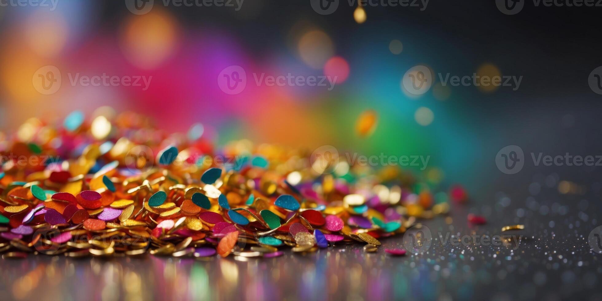A burst of neon confetti in rainbow colors against a metallic silver background. photo